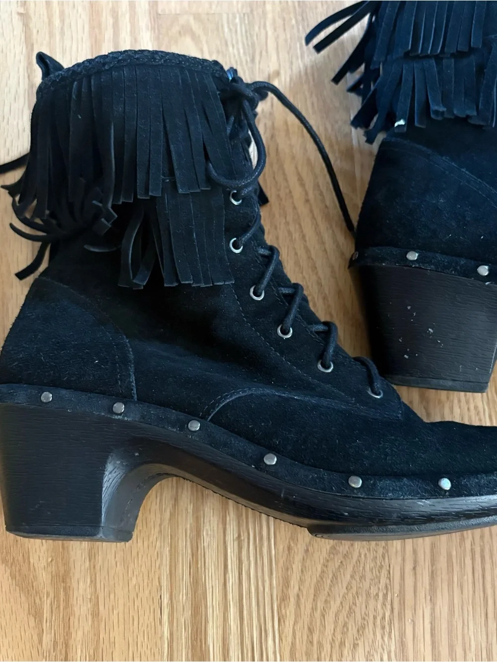SoftWalk Black Suede Fringe Lace-Up Ankle Boots Zipper Sz 9 Moccasin Leather